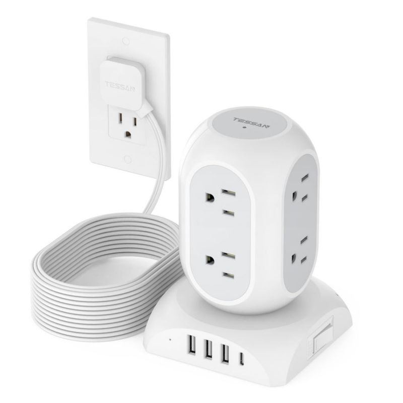 TESSAN Regleta Torre Multicontacto Protector de Sobretensión, 3M Extension Electrica Enchufe Plano con 8 Salidas CA y 4 USB(1 US