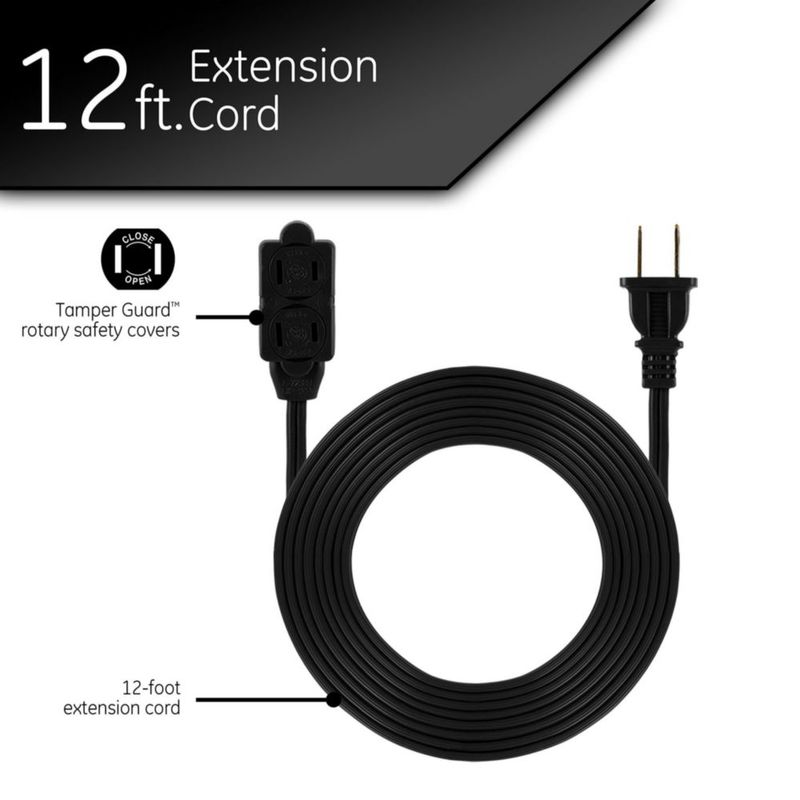 GE Regleta de enchufes de 3 salidas, cable de extensión de 12 ', 2 clavijas, calibre 16, cubiertas de seguridad con cierre girat