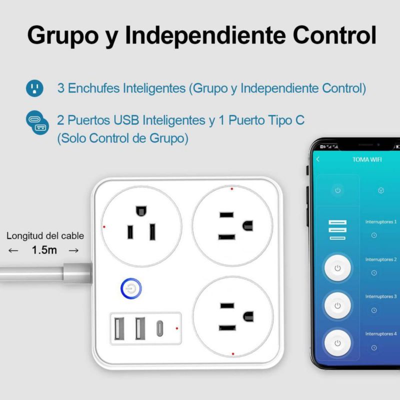 Multicontacto Inteligente con USB, EASYTAO Smart Power Strip, Enchufe Inteligente, Smart Plug, Extension de 1.5m con 3 Salidas d