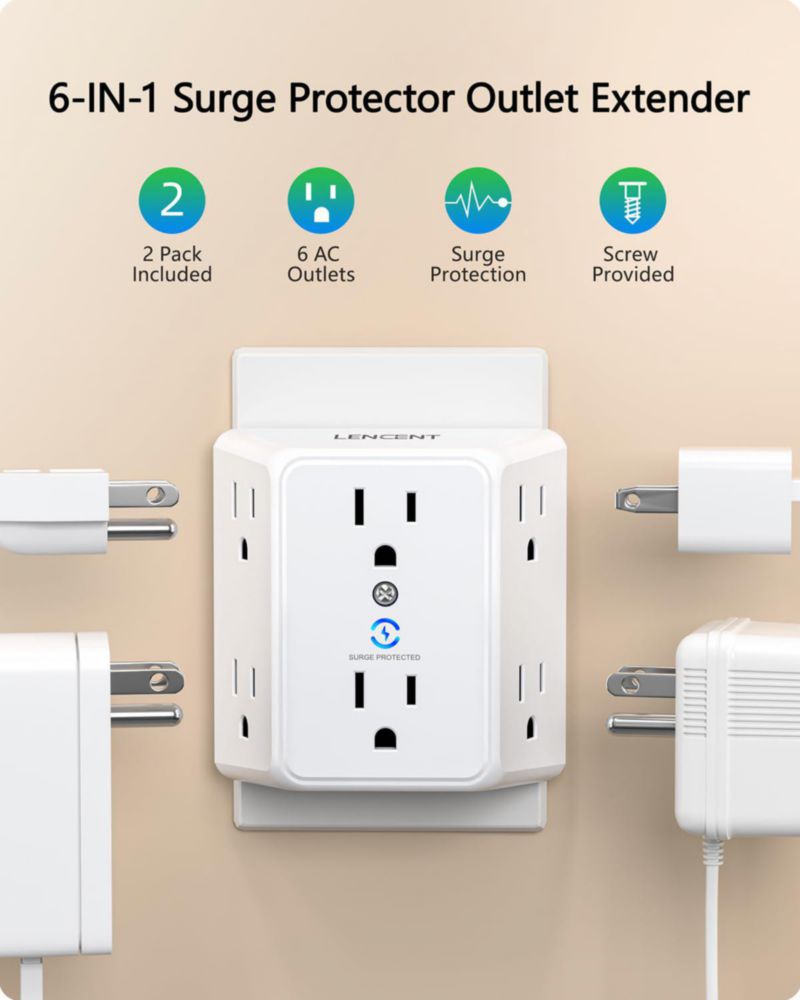 LENCENT 2X Cargador de Pared 1875W, Extensor de Enchufe con 6 Salidas, Protector de Sobretensión, Adaptador de 3 Lados Ampliamen