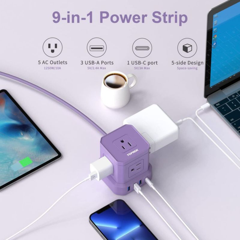 TOPREK Regleta Multicontacto USB, Regletas Eléctricas con 5 Enchufes de CA 1 USB-C, 3 USB-A, Protector de Sobretensión, Regleta