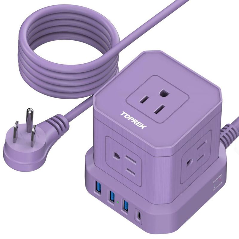 TOPREK Regleta Multicontacto USB, Regletas Eléctricas con 5 Enchufes de CA 1 USB-C, 3 USB-A, Protector de Sobretensión, Regleta