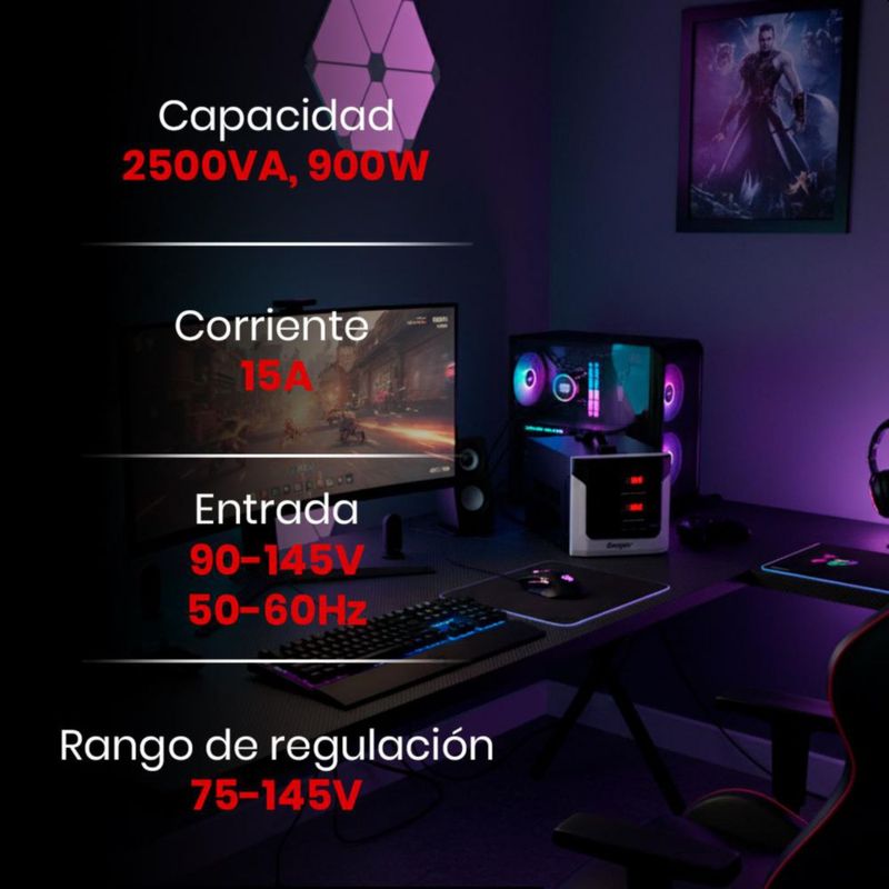 Regulador de Voltaje Energizer 2500VA/1500W Doble Contacto con Pantalla LED