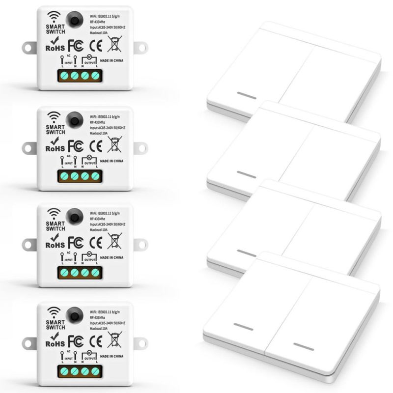 Interruptor Inteligente de Luz Inalámbrico 433MHz RF sin Cables y Instalación,Juegos de 2 con 4 Interruptores y 4 Receptores,85V