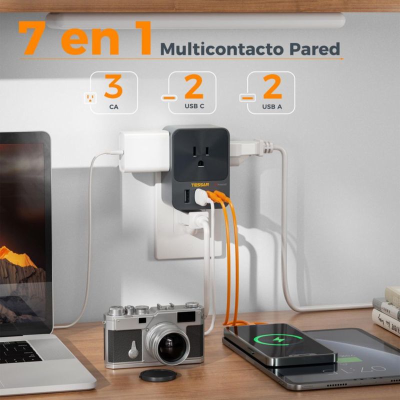 TESSAN 30W Regleta Multicontacto Pared, Protector de Sobretensiones con 3 Enchufes de CA y 4 USB (2 USB C), Conector Multiple Ou
