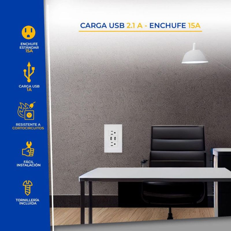 Megaluz HY-B310 Placa Contacto Tomacorriente Inteligente Conector USB 2 Puertos de carga Modulos Multicontacto, 265V, 15A enchuf