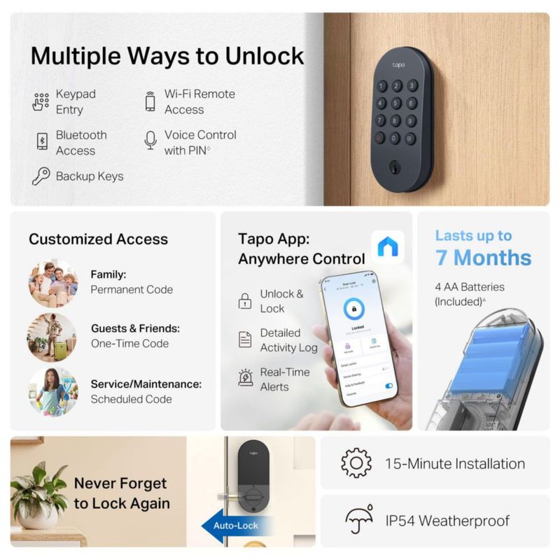 Tapo Tapo DL100 - Cerradura de puerta inteligente Wi-Fi, botones táctiles sin llave, acceso personalizado con monitoreo en la ap