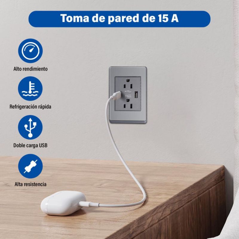 Megaluz Enchufe USB de Pared -6PZ，Contacto Dúplex con 2 Puertos Carga USB, 15A Receptáculon y 2.1A USB（85-265V)