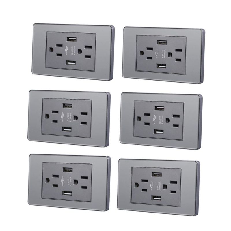 Megaluz Enchufe USB de Pared -6PZ，Contacto Dúplex con 2 Puertos Carga USB, 15A Receptáculon y 2.1A USB（85-265V)