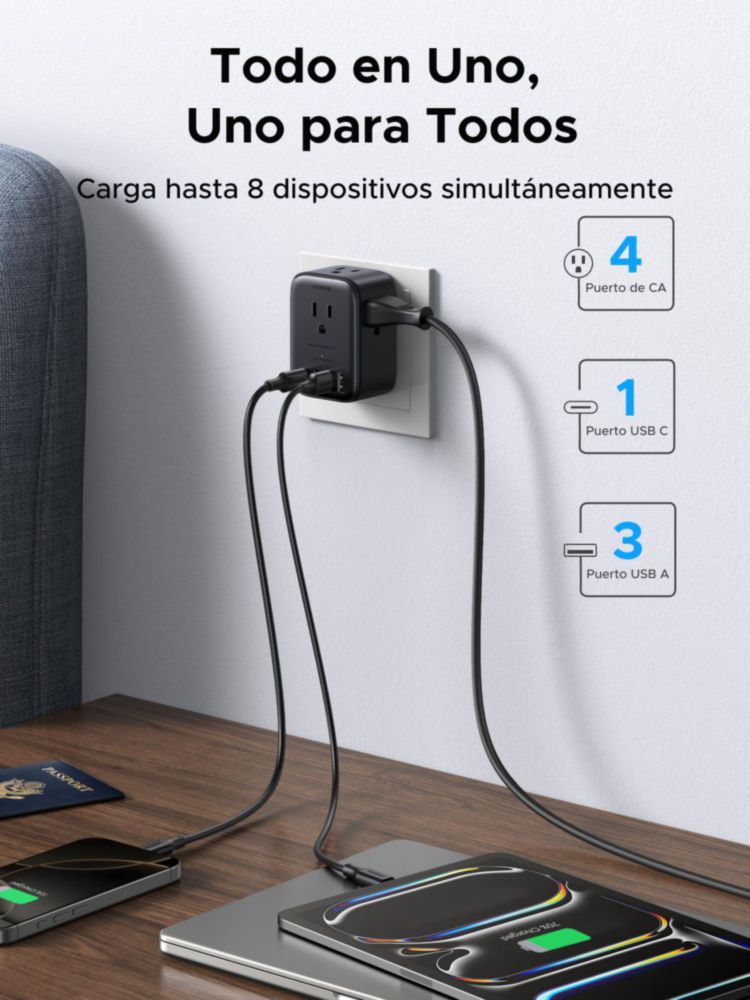 UGREEN 8 en 1 Regleta Multicontacto Pared, Conector Multiple Enchufe con 4 Salidas CA (3 Pin) y 4 USB (USB C 20W), Protector de