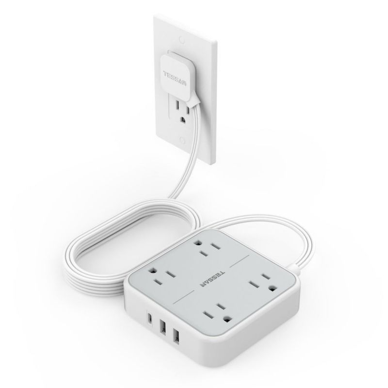 TESSAN Regleta Multicontacto con Protector de Sobretensión, 1.5M Plana Extension Electrica, Enchufe Plano Conector Multiple con