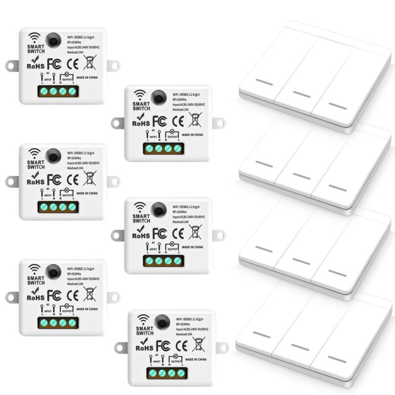 Interruptor Inteligente de Luz Inalámbrico 433MHz RF sin Cables y Instalación,Juegos de 2 con 4 Interruptores y 6 Receptores,85V