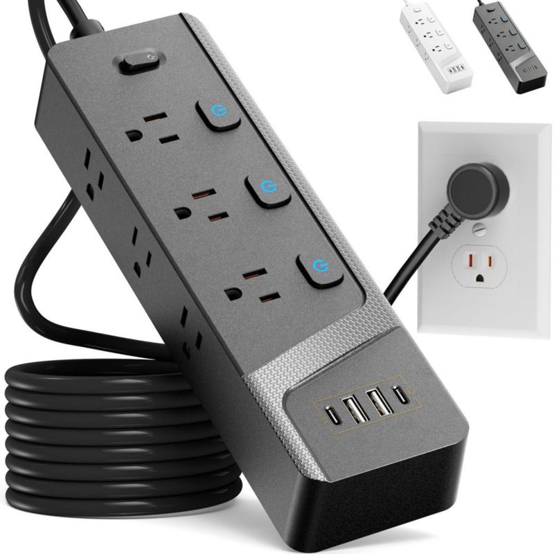 KIROGILY Multicontacto Regleta Extension Electrica con Protector Supresor de Picos Voltaje, Enchufe Plano, 1.8 M, 6 Tomas de Ca