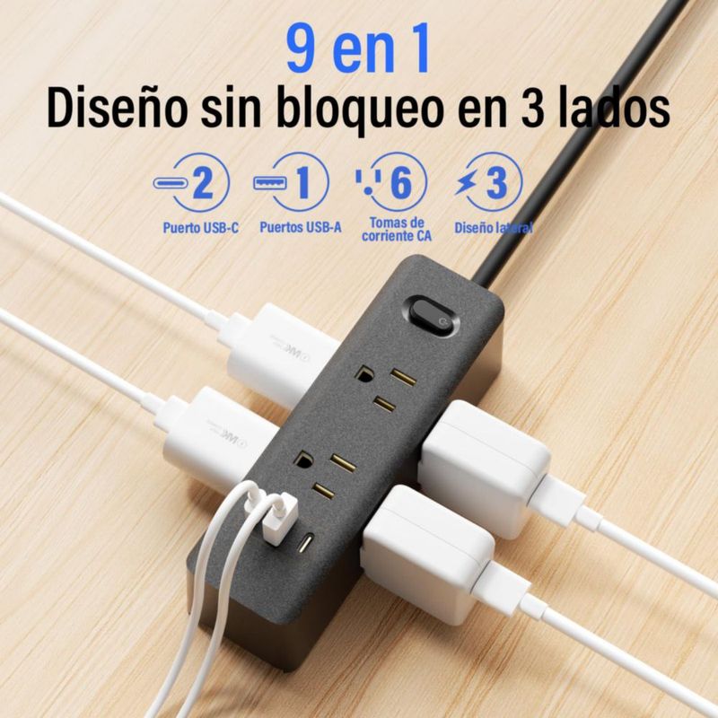 GALASALA Regleta Multicontacto Extension Electrica con Protector Supresor de Picos Voltaje, 1.8 M, Enchufe Plano, 6 Salidas, 3 U