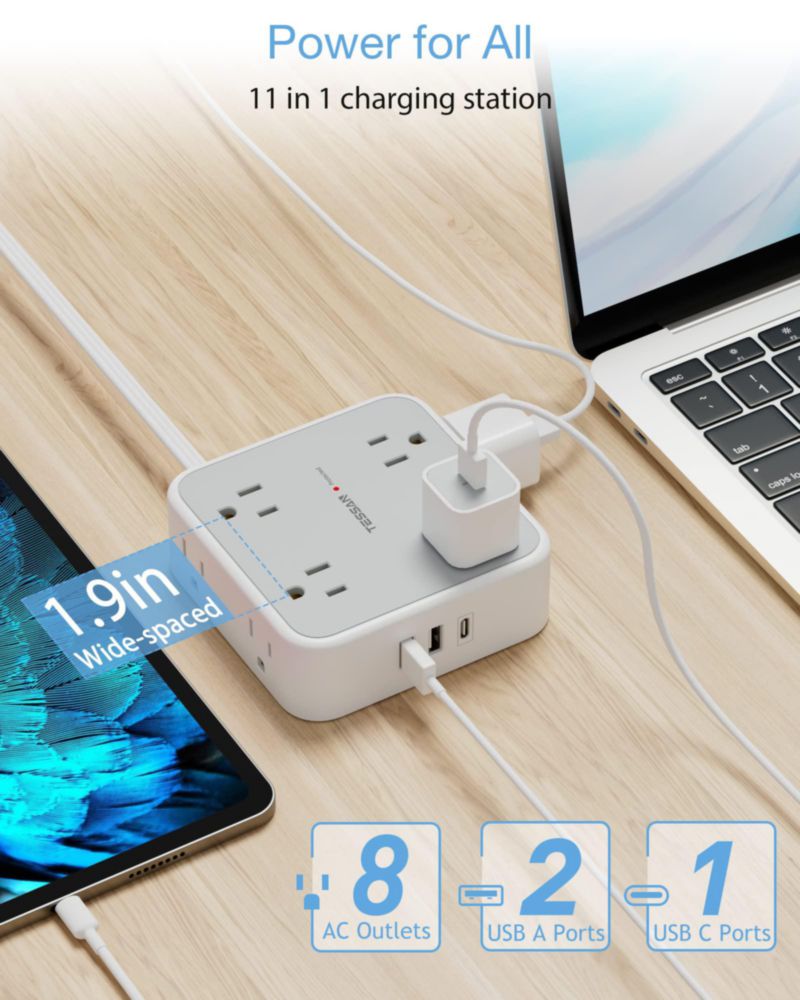 TESSAN Regleta Multicontacto Extension Electrica con Protector de Sobretensión, 3 M Plana Enchufe Extensión con 8 Salidas CA y 3