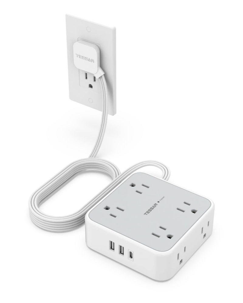 TESSAN Regleta Multicontacto Extension Electrica con Protector de Sobretensión, 3 M Plana Enchufe Extensión con 8 Salidas CA y 3