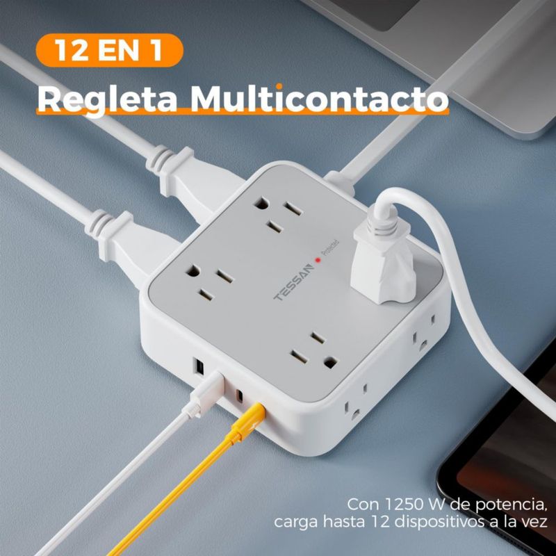 TESSAN Regleta Multicontacto Extension Electrica con Protector de Sobretensión, 1.5 M Plana Enchufe Extensión con 8 Salidas CA y