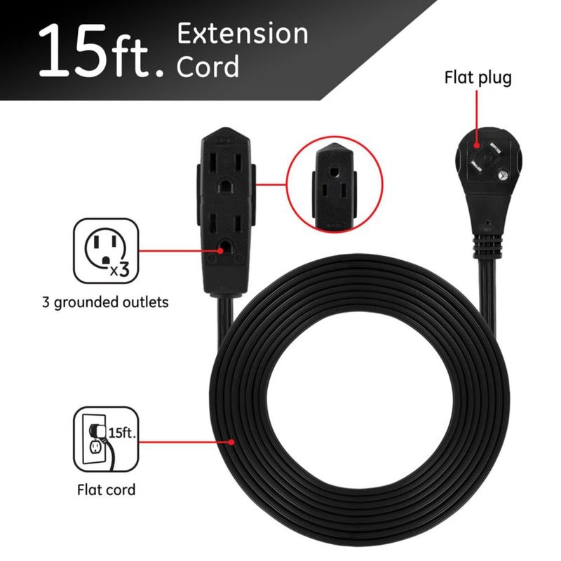 GE 56987 - Cable de extensión plano de 3 tomacorrientes con múltiples tomas, extensor de enchufe de 3 puntas, calibre 16 UL List