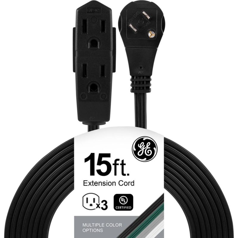GE 56987 - Cable de extensión plano de 3 tomacorrientes con múltiples tomas, extensor de enchufe de 3 puntas, calibre 16 UL List