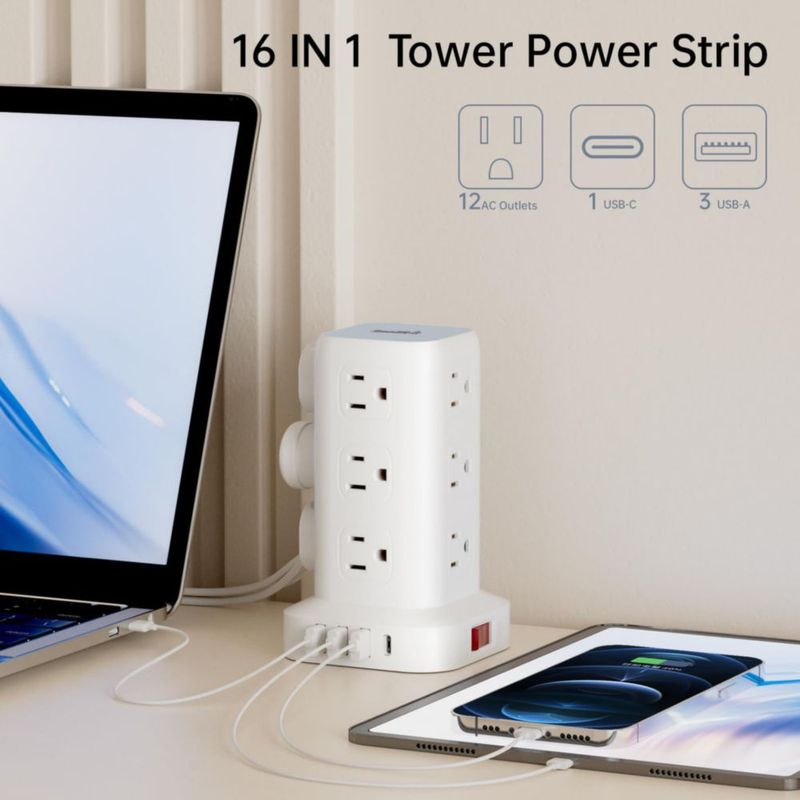 SMALLRT Regleta De Alimentación contra Sobretensiones 10Ft 4 Puertos USB Regleta De 12 Salidas con Toma De Cable Largo USB Torre