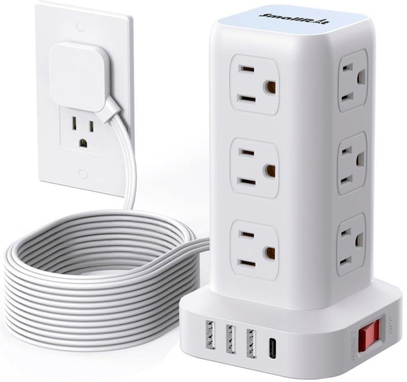 SMALLRT Regleta De Alimentación contra Sobretensiones 10Ft 4 Puertos USB Regleta De 12 Salidas con Toma De Cable Largo USB Torre