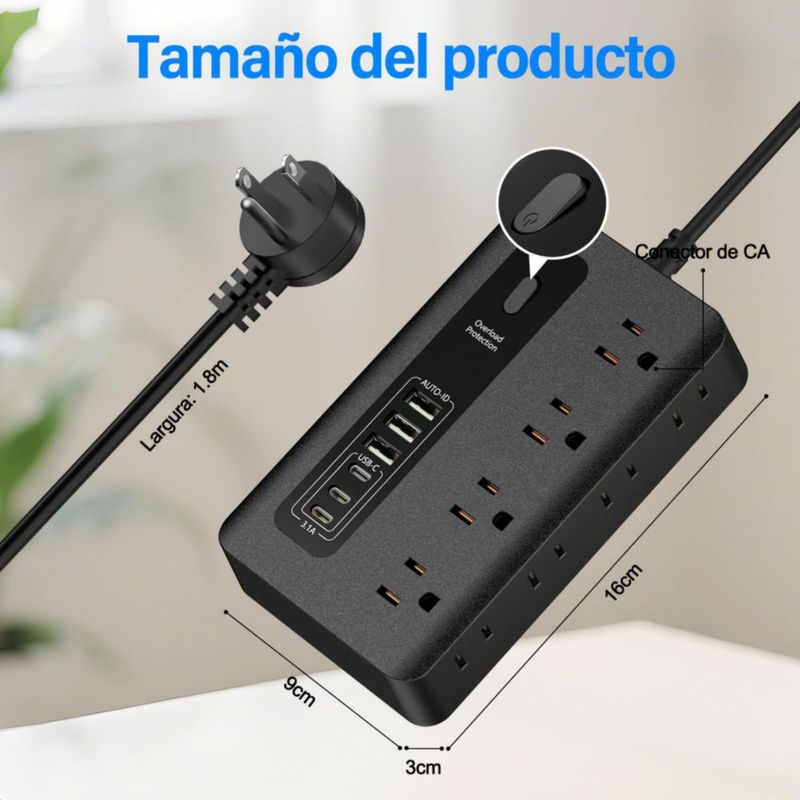 GALASALA Multicontacto Regleta, Extension Electrica 1.8 M, Multicontacto USB, Multicontacto Escritorio 8 Salidas de CA y 6 USB(3