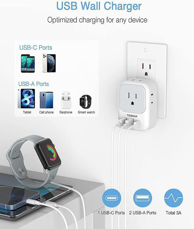 TESSAN Regleta Multicontacto Pared, Conector Multiple con 4 Salidas CA, Extension Electrica Outlet con 2 Puertos USB A y 1 Puert