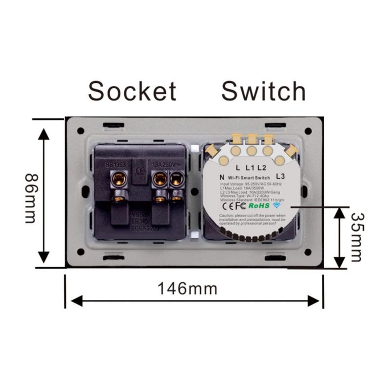 Feiniao 90-240V Interruptor Inteligente WiFi Enchufe de Pared con Apagadores de Luz Táctil de 2 Grupos, Control de Aplicación Sm