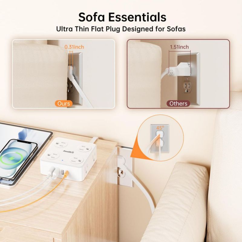 10FT Extension Electrica, Multicontacto Enchufe Plano con Protector de sobretensión, 8 enchufes CA, 4 Cargadores USB (1 Puerto U