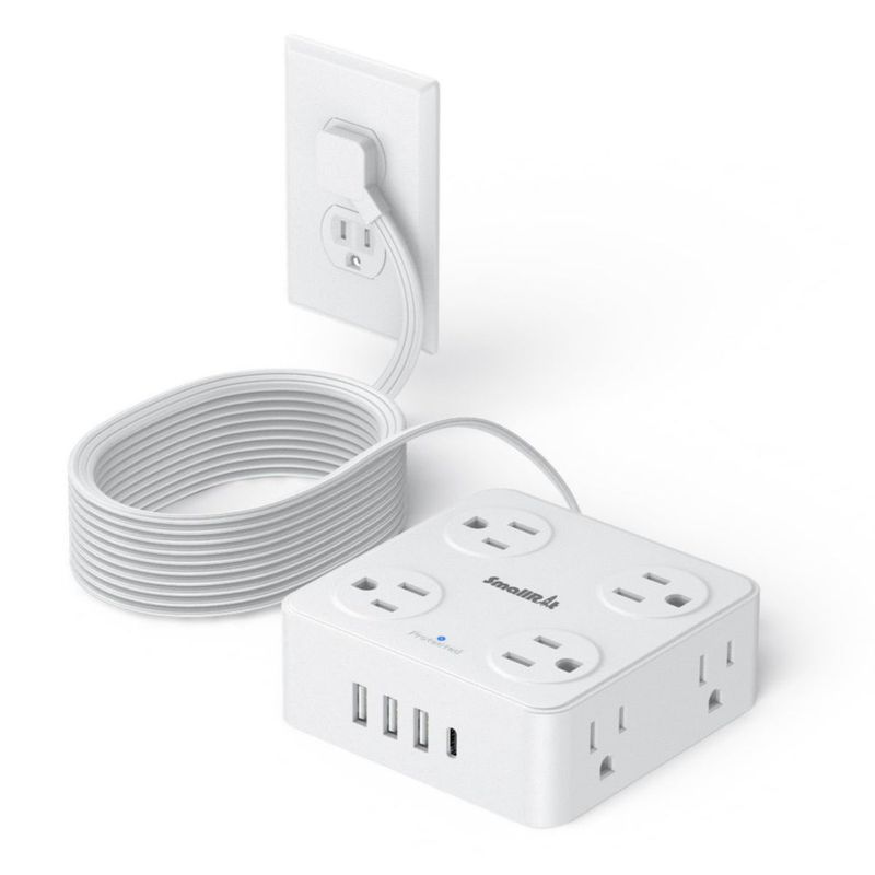 10FT Extension Electrica, Multicontacto Enchufe Plano con Protector de sobretensión, 8 enchufes CA, 4 Cargadores USB (1 Puerto U