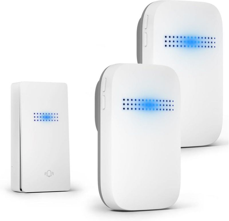 Timbres Inalámbricos para Casa, 1 Transmisor y 2 Receptor, IP54 Impermeable, 38 Melodías, 4 Niveles de Volumen, LED Indicador, 2