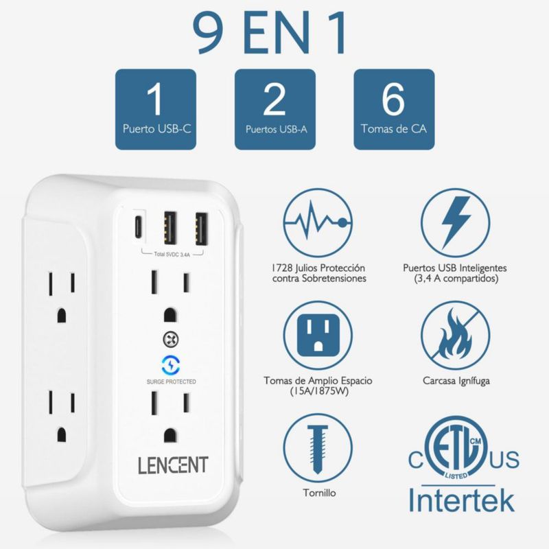LENCENT Cargador de Pared USB, Protector de Sobretensión, Extensor Enchufe con 6 Salidas + 2 Puertos USB-A + 1 Tipo-C, Multicont