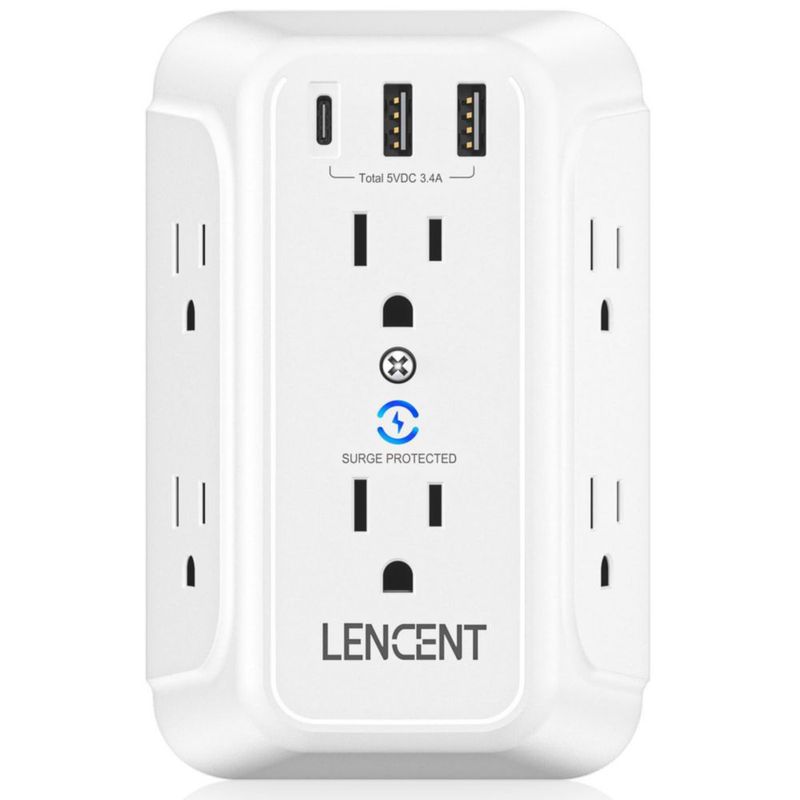 LENCENT Cargador de Pared USB, Protector de Sobretensión, Extensor Enchufe con 6 Salidas + 2 Puertos USB-A + 1 Tipo-C, Multicont