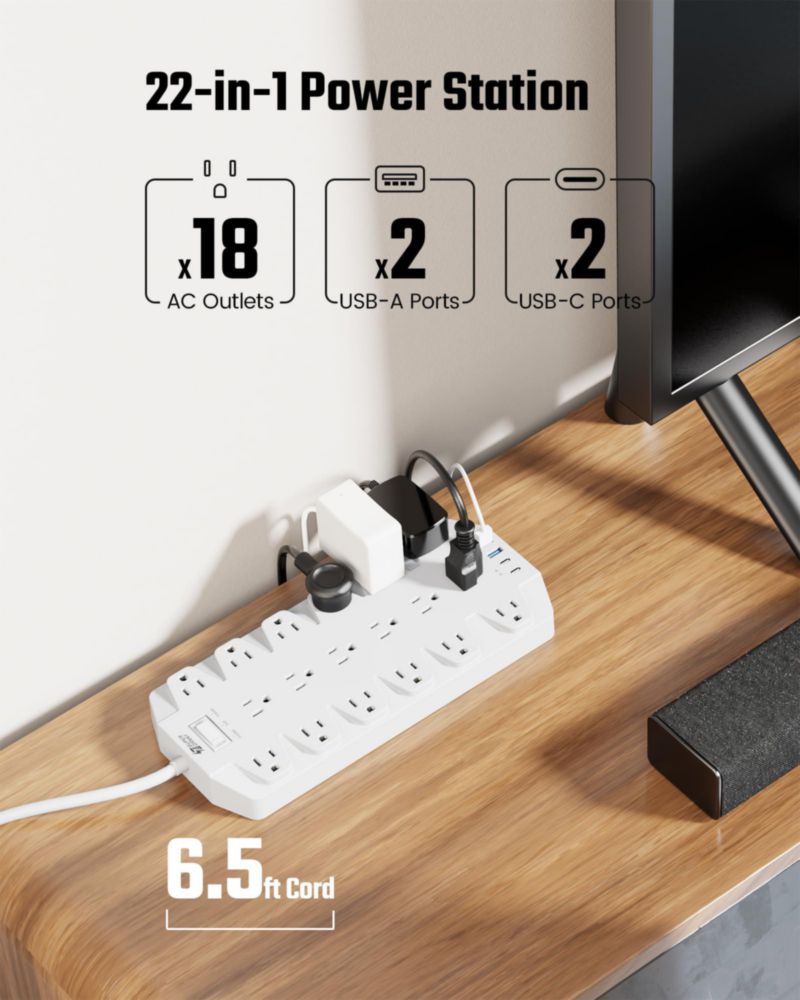 SUPERDANNY 22 en 1 Regleta Multicontacto Uso Rudo, 18 Enchufes y 4 Puertos USB (2 USB-C), 2 Metros, con 2100J Protección de Sobr