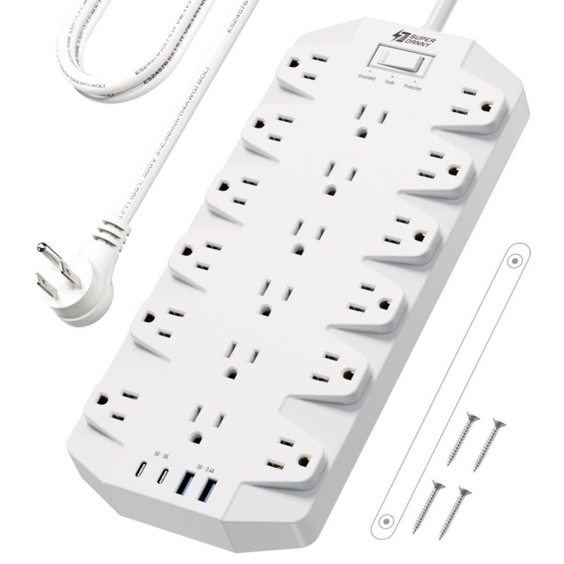 SUPERDANNY 22 en 1 Regleta Multicontacto Uso Rudo, 18 Enchufes y 4 Puertos USB (2 USB-C), 2 Metros, con 2100J Protección de Sobr