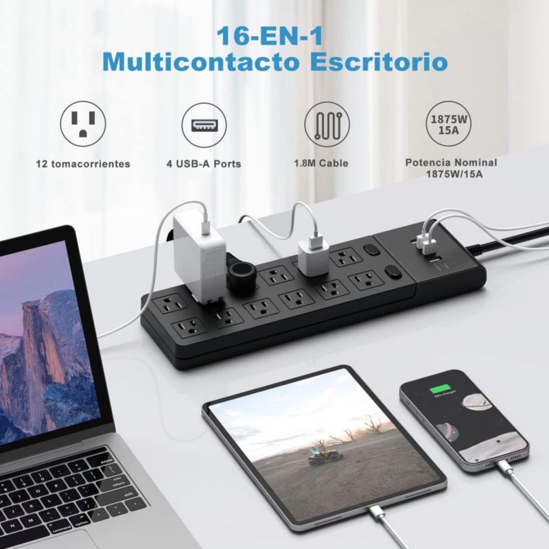 NVEESHOX Regleta Multicontacto, Multicontacto Pared Conector Multiple con 12 Tomas y 4 USB-A, Regleta de Alimentación Enchufe Pl