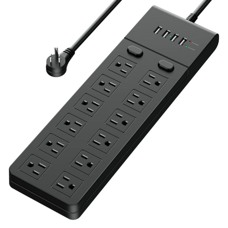 NVEESHOX Regleta Multicontacto, Multicontacto Pared Conector Multiple con 12 Tomas y 4 USB-A, Regleta de Alimentación Enchufe Pl
