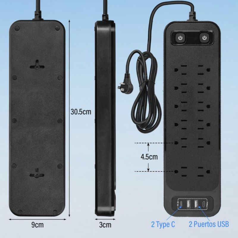 GALASALA Regleta Multicontacto, Extensión Eléctrica de 1,8 M, Enchufe Plano, 12 Tomas de Ca, 4 USB (2 USB-C), Conector Multivía