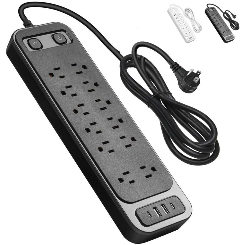 GALASALA Regleta Multicontacto, Extensión Eléctrica de 1,8 M, Enchufe Plano, 12 Tomas de Ca, 4 USB (2 USB-C), Conector Multivía