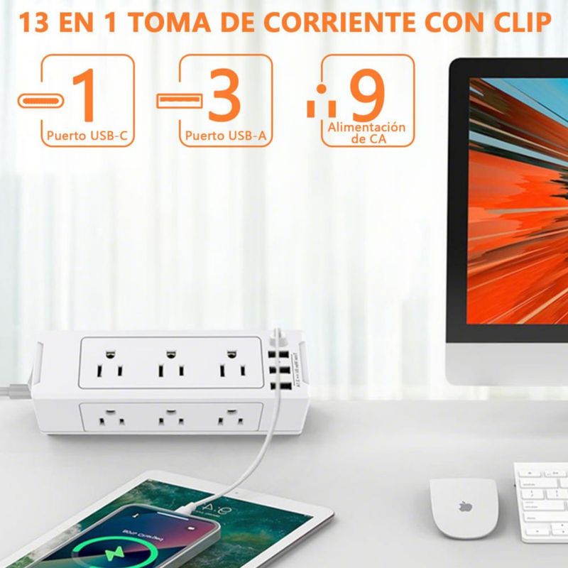 TDVCVZSD 13 en 1 Regleta con Clip para Escritorio, Protector contra sobretensiones USB-C con 9 Salidas de CA y 4 USB (1 USB C),