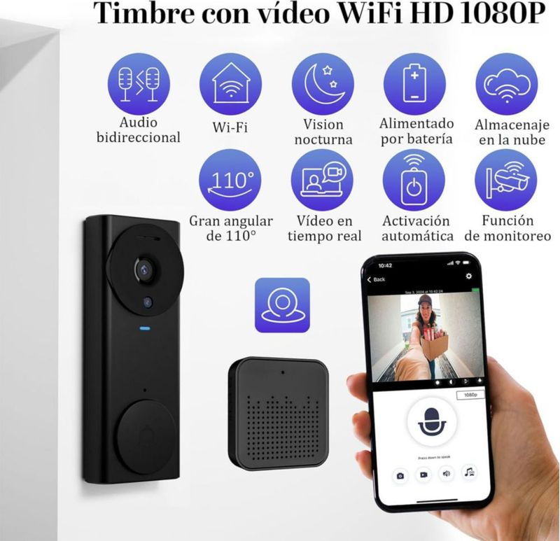 Timbre de video inteligente inalámbrico, timbre visual inalámbrico remoto WIFI,1080p,gran angular de 110°, audio bidireccional,