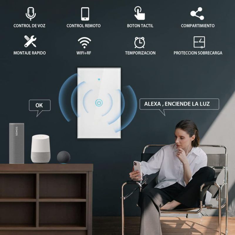INGEQUIS 2Pzas Interruptores Inteligentes Sin Neutro con Capacitor, Apagador Wifi de 2.4Ghz con Panel Táctil, Control Remoto de