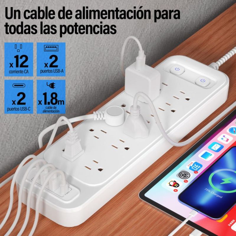 GALASALA Multicontacto Regleta Extension Electrica con Protector Supresor de Picos Voltaje, 1,8 M, Enchufe Plano, 12 Salidas y 4