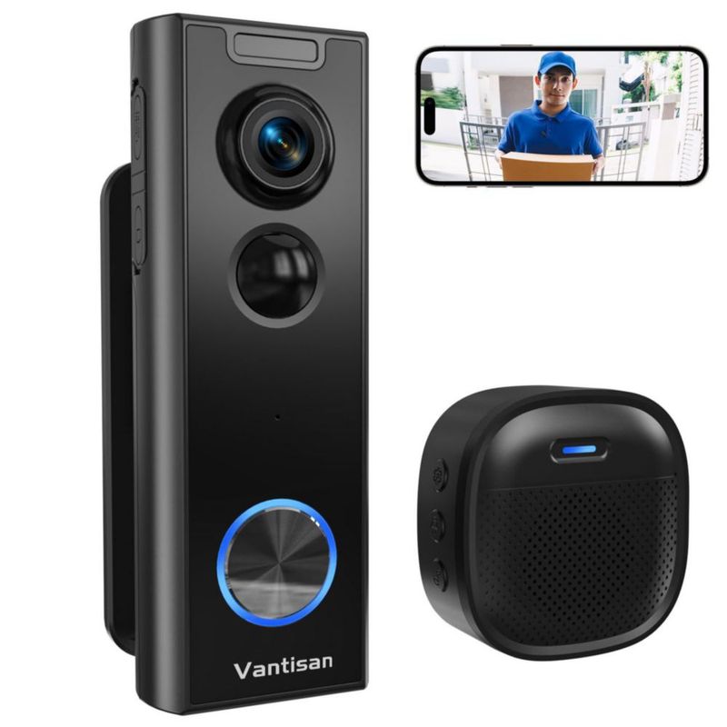 vantisan Video Timbre Inteligente, Timbre Inalámbrico Recargable 2K, Timbre con Camara Ángulo Ajustable, Audio Bidireccional, Vi