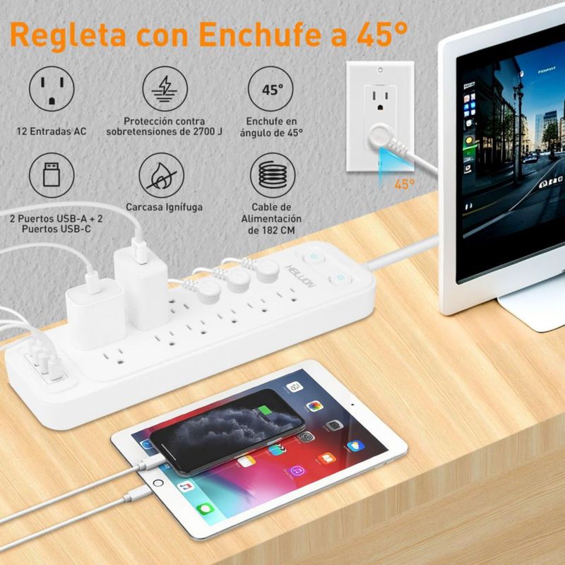 HeiLuon Regleta Multicontacto 16 en 1 con Protección contra Sobretensiones, 1.8m Extensión Eléctrica, 12 Tomas + 4 USB (2 USB-C)