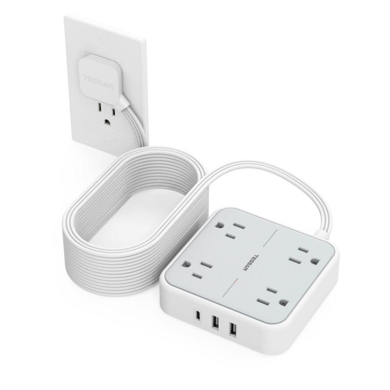 TESSAN Regleta Multicontacto con Protector de Sobretensión, 7.6M Plana Extension Electrica, Enchufe Plano Conector Multiple con
