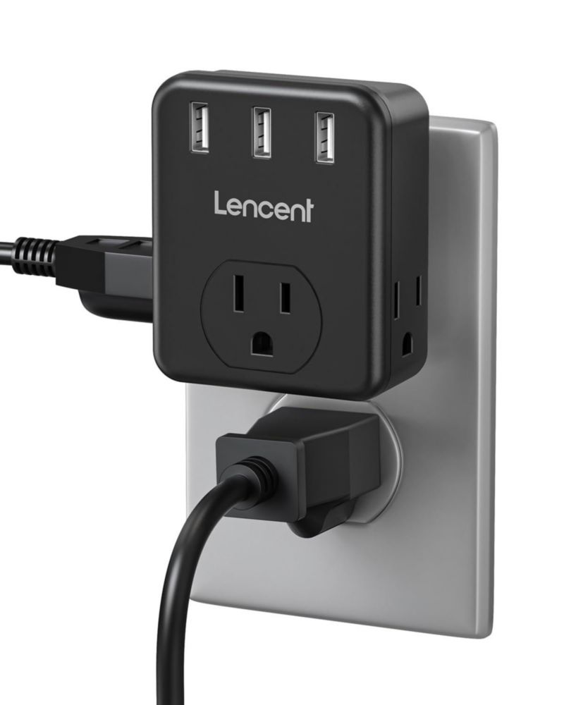 LENCENT Extensor de Enchufe Múltiple 1875W, Conector Multiple con 3 Salidas y 3 Puertos USB, Cargador de Pared, Multicontacto En