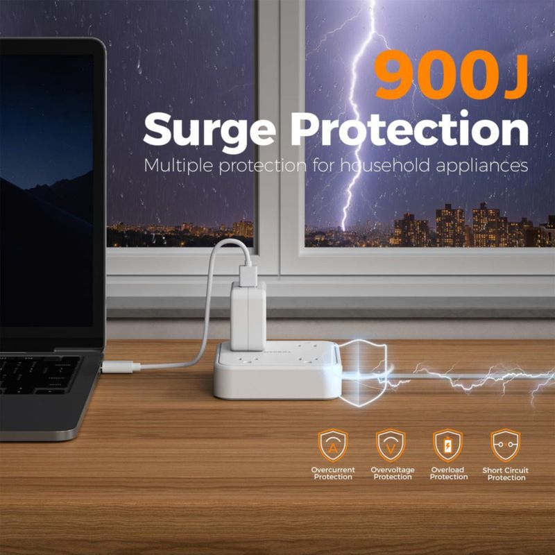 TESSAN Regleta Multicontacto con Protector de Sobretensión, 3M Plana Extension Electrica, Enchufe Plano Conector Multiple con 4