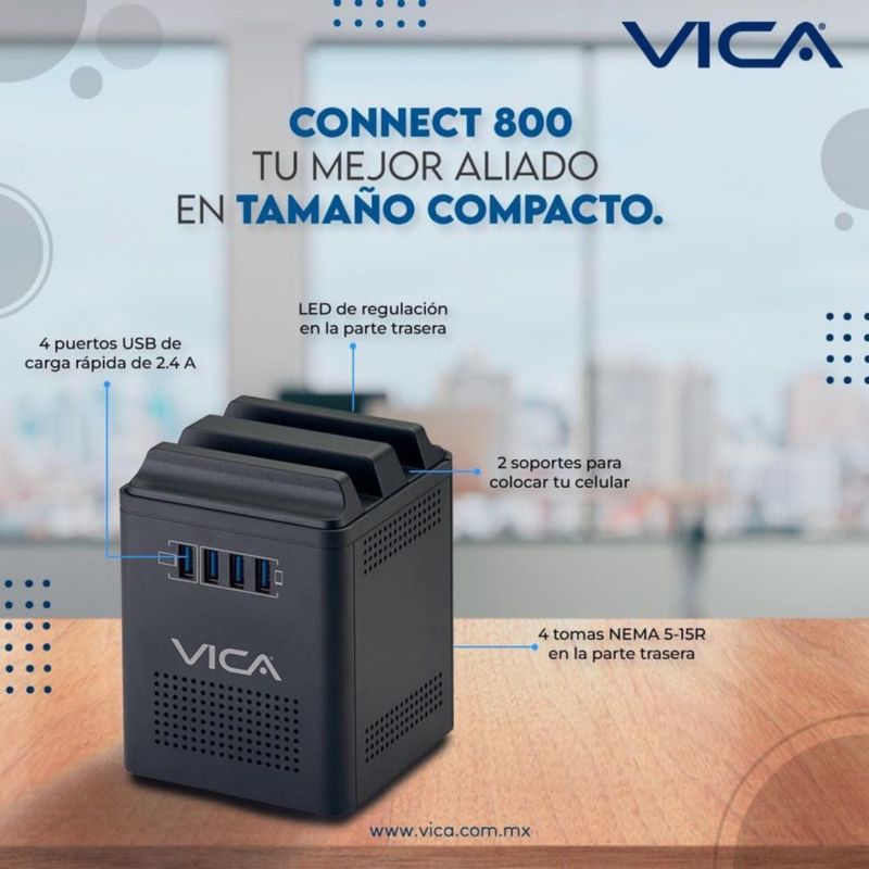 VICA Regulador Electrónico de Voltaje y Centro de Carga para Celular 800 VA / 400 W 4 Tomas de Corriente y 4 Puertos USB.