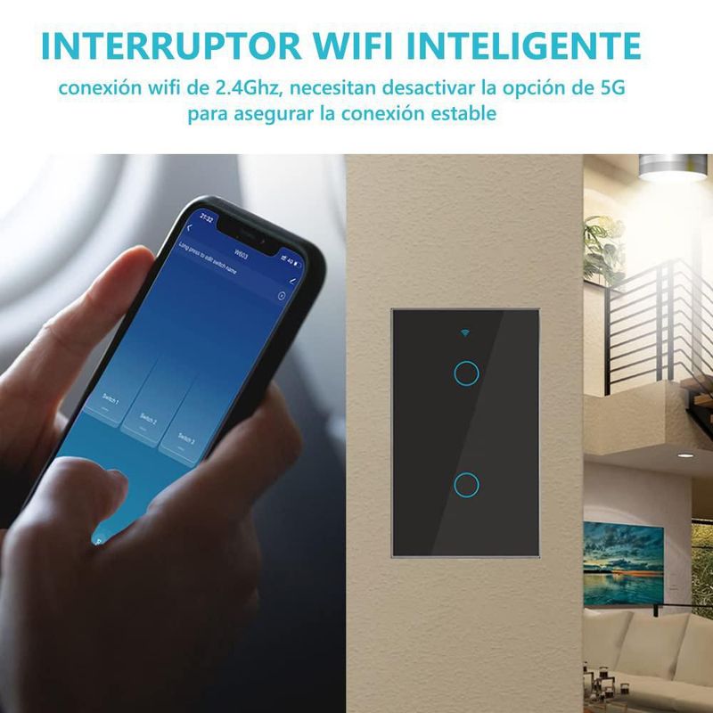 INGEQUIS Interruptor Inteligente Sin Neutro con Capacitor, Apagador Wifi de 2.4Ghz con Panel Táctil, Control Remoto de App, Comp